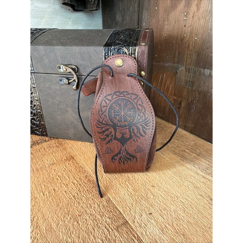 Viking Vegvisir Belt Pouch Brown Faux Leather Yggdrasil Rune Drawstring Bag LARP